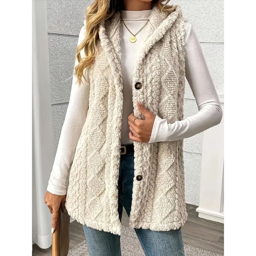 NWT Womens Hooded Plush Vest With Buttons Sleeveless Outerwear S-XXL Sizes - Picture 1 of 4